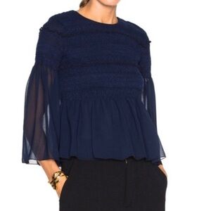 See By Chloé NWT Sheer Sleeve Ruffle Peplum Cropped Blouse Top Navy Blue Size 8